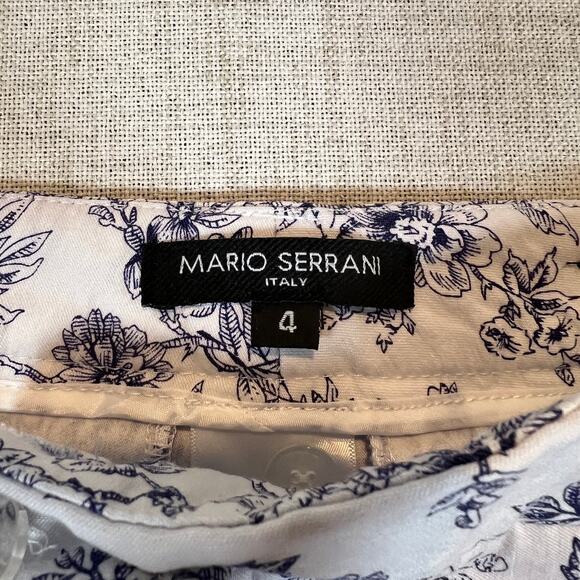 Mario Serrani White Pants with Navy Blue Floral Print | Women's 4 - Picture 3 of 7